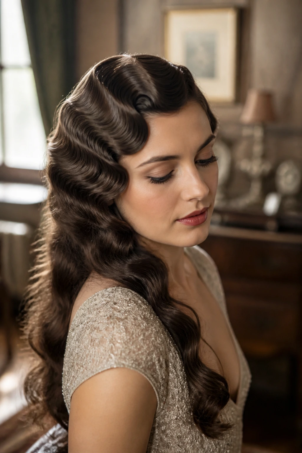 Portrait of a woman showcasing finger waves on long hair against a vintage apartment backdrop