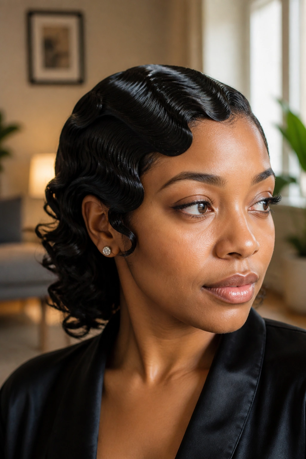 Close-up of finger waves with loose spiral ends on a real woman
