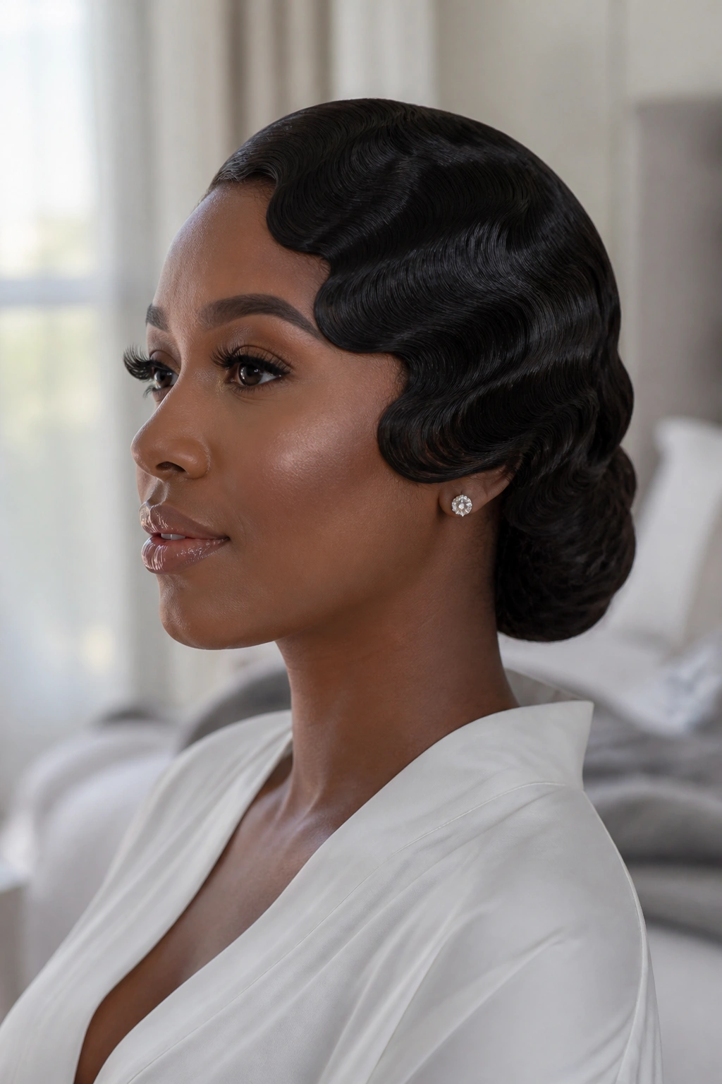 Three-quarter view of a real Black woman with finger waves into a low bun