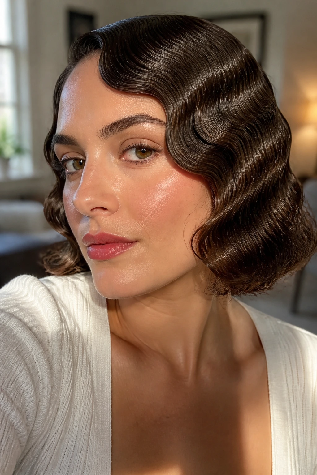 Close-up portrait of a real woman with retro finger waves on medium-length hair, warm window light.