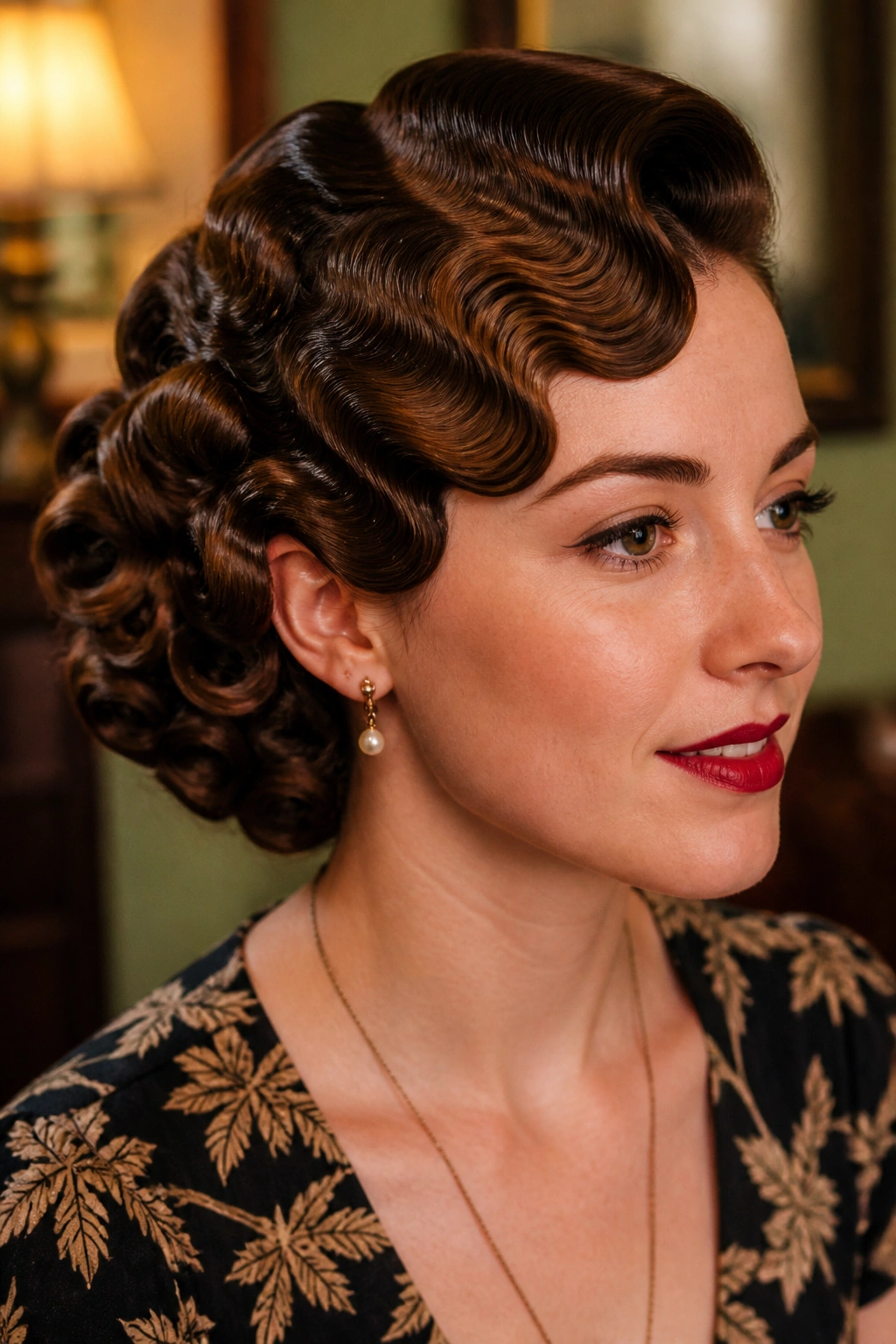 Real woman with finger waves blended into pin curls in a vintage setting.