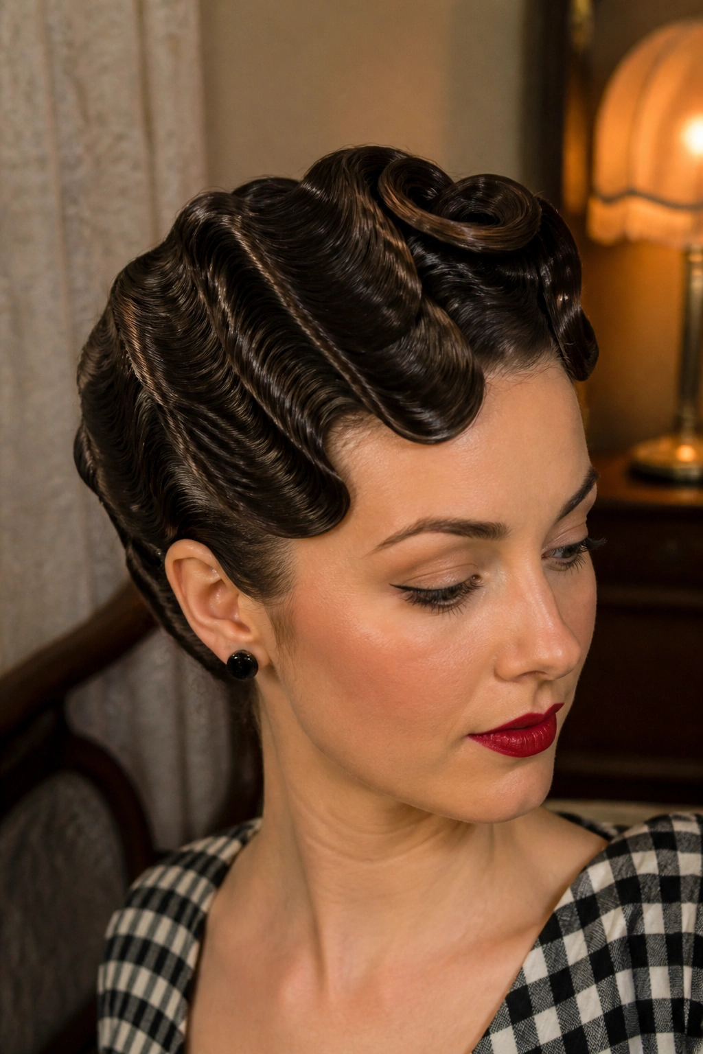 Close-up of fingers waves forming a pin-up shape on a real woman's hair.
