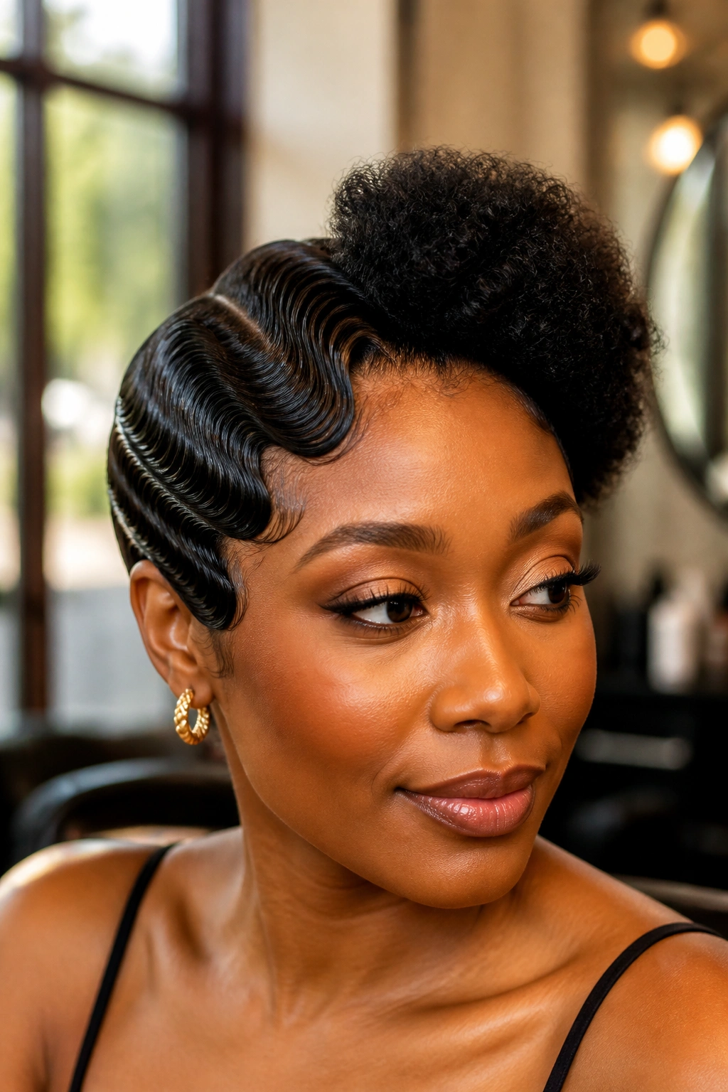 Close-up portrait of a real Black woman with side-swept finger waves and a sculpted puff