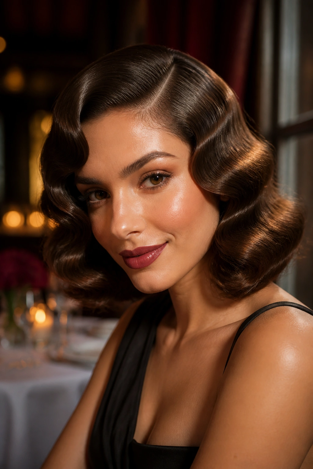 Close-up of a woman with Old Hollywood finger waves and modern shine, side-parted waves.