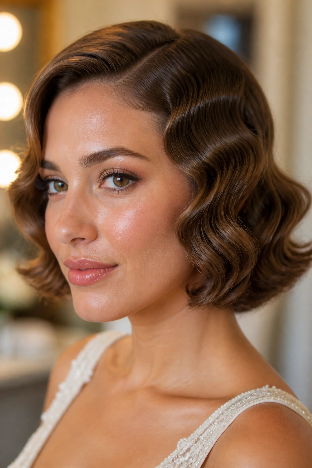 Close-up of a real woman with soft finger waves on a chin-length bob.