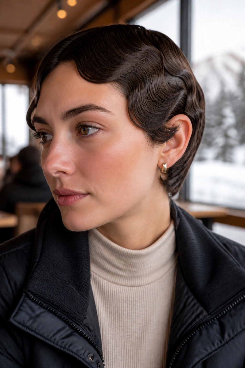 Close-up of real person with flat finger waves sitting close to the scalp in a ski-lodge setting