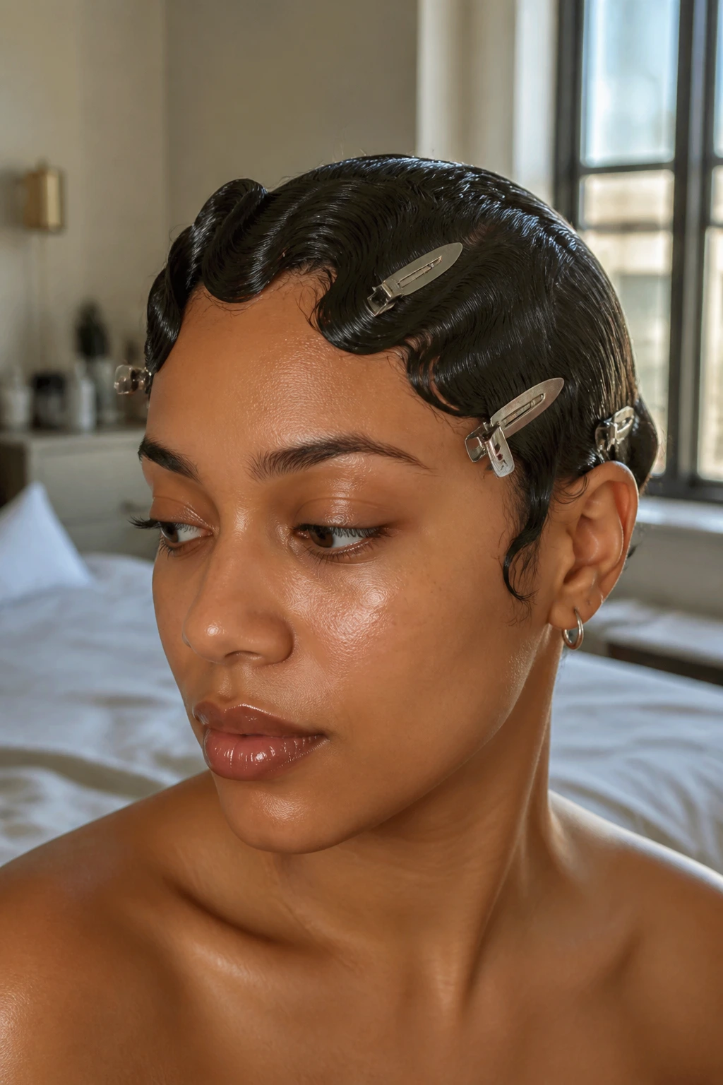 Close-up of real woman with soft finger waves at the front hairline