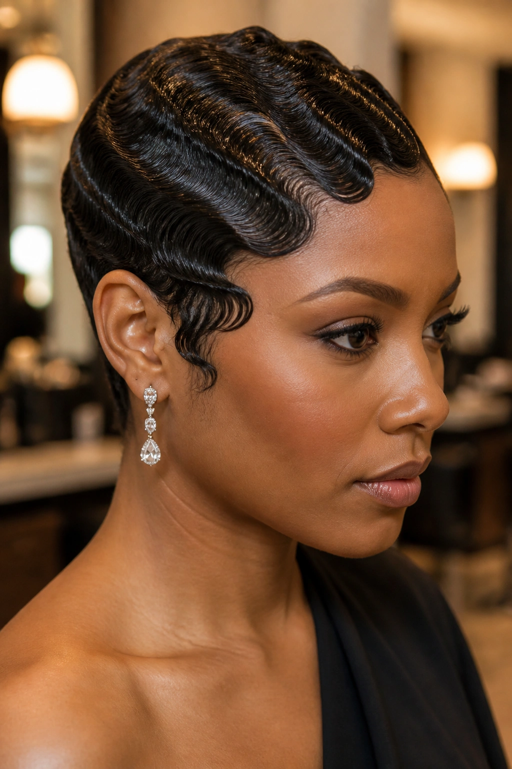 Close-up of a real woman's short finger-waved hairstyle with crisp S-shaped waves
