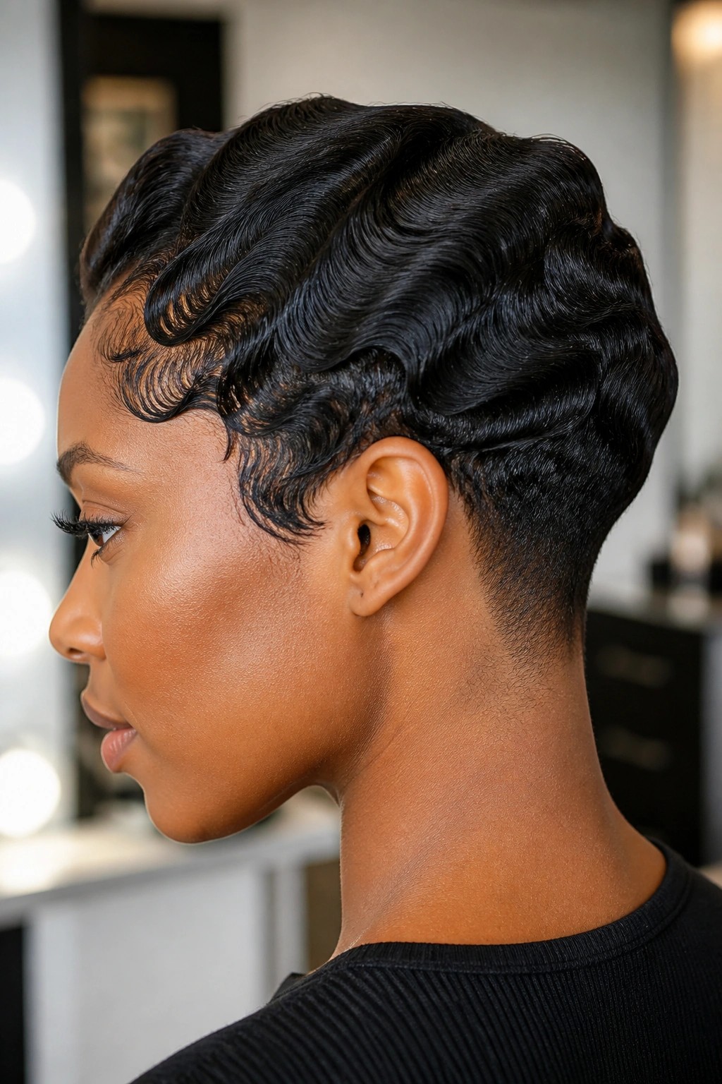 Side-profile of a real Black woman with finger waves and tapered nape
