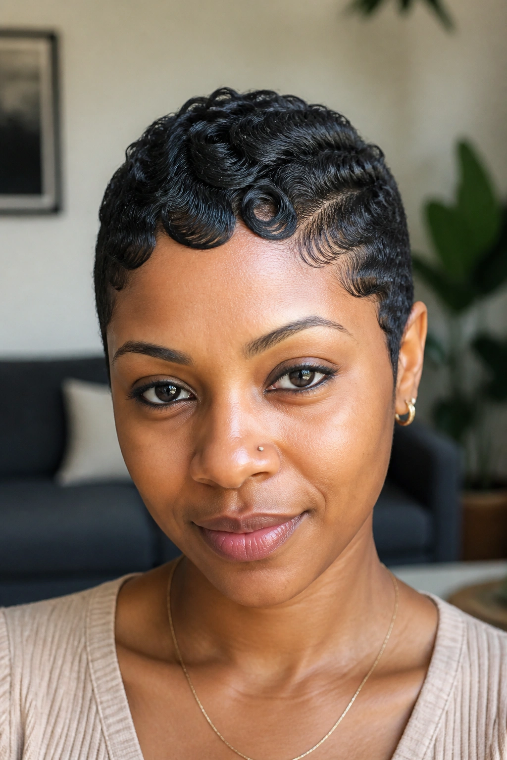 Close-up of finger waves on a tapered TWA on a real woman