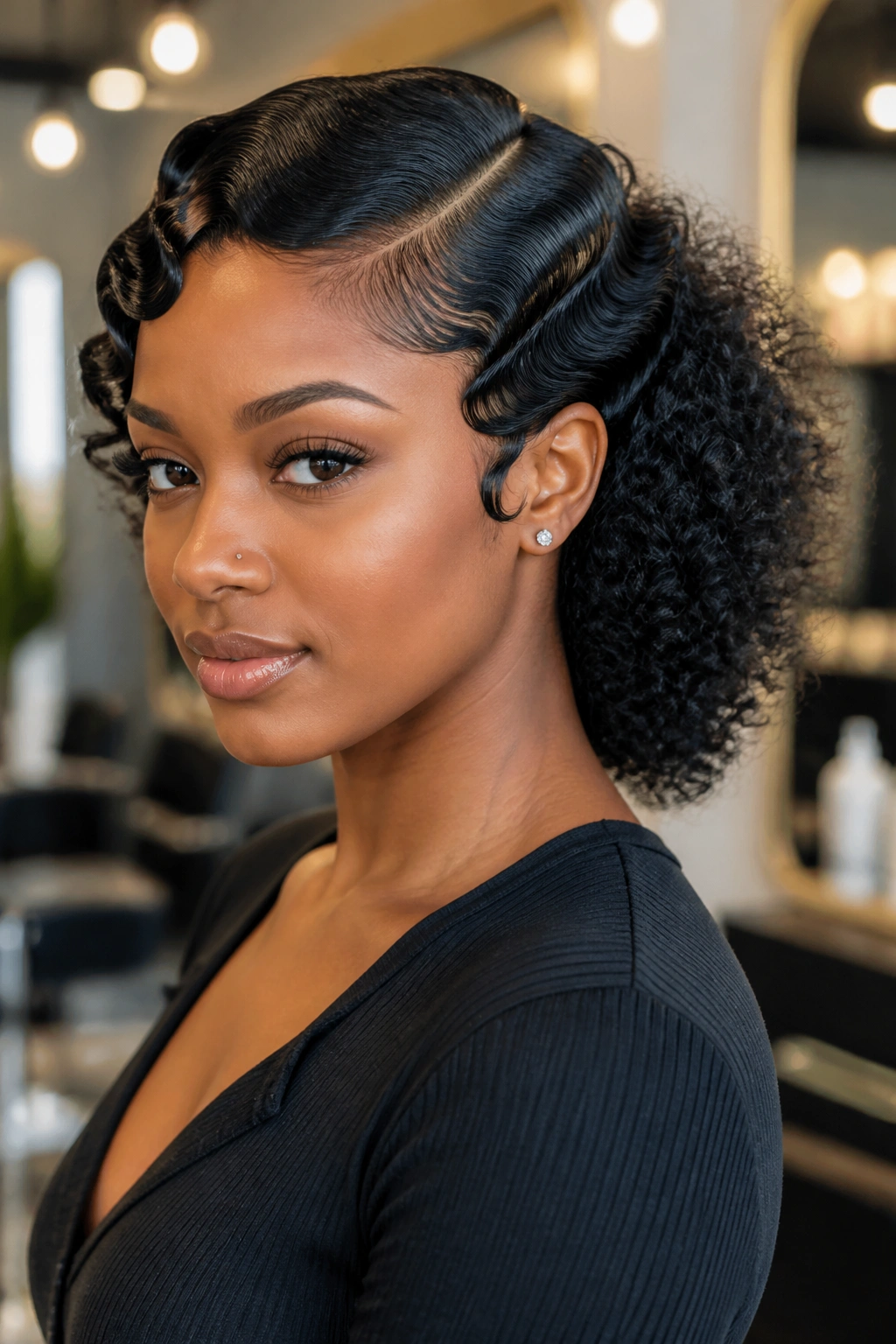 Close-up portrait of a real Black woman with crisp front finger waves and a textured back