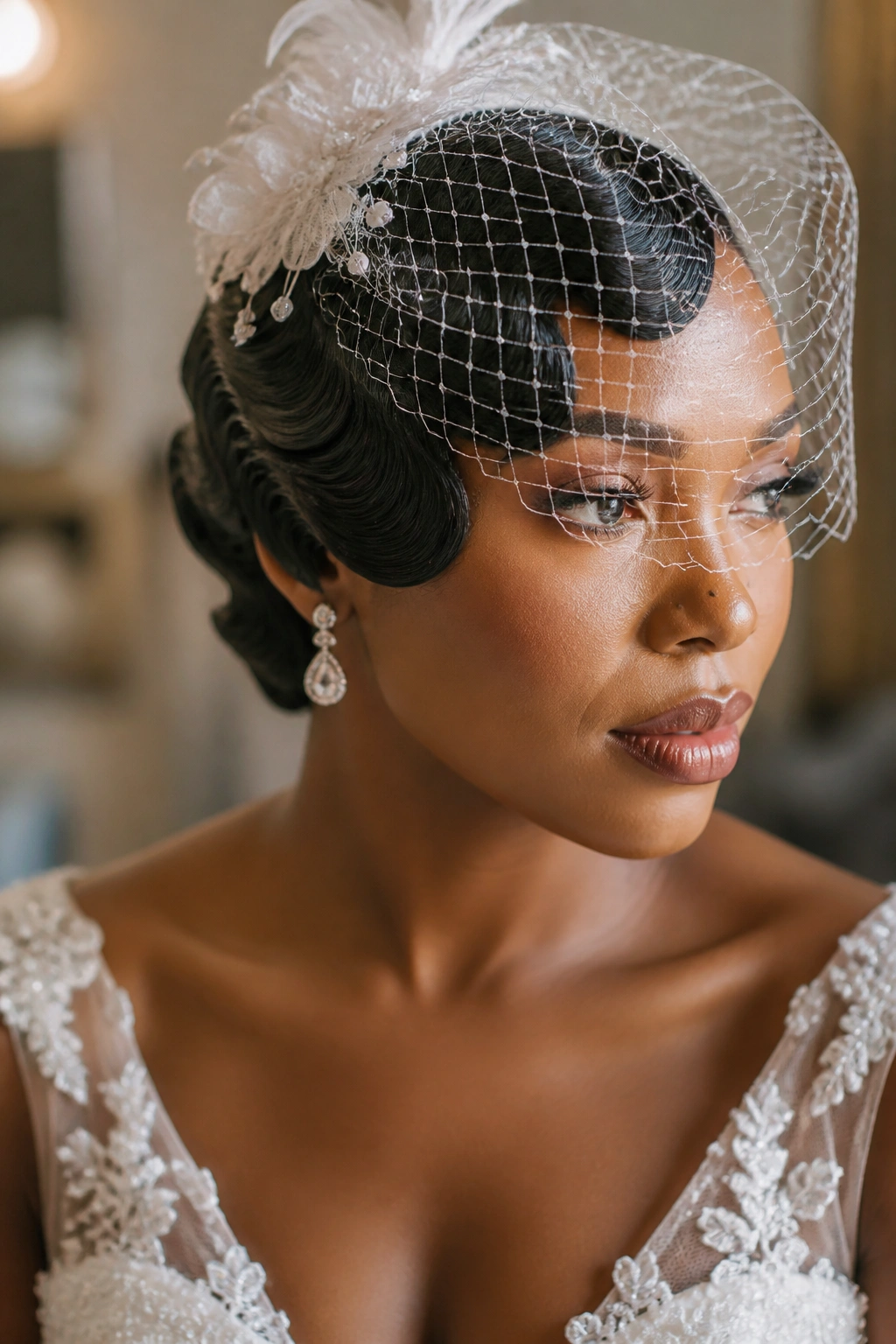 Real woman with finger waves and a veil integrated into the hairstyle