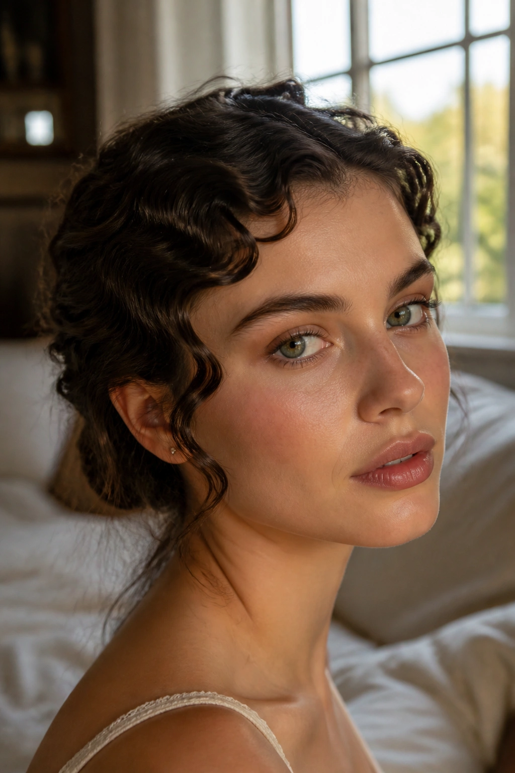 Close-up of a real woman displaying finger waves at the hairline for a vintage wavy look