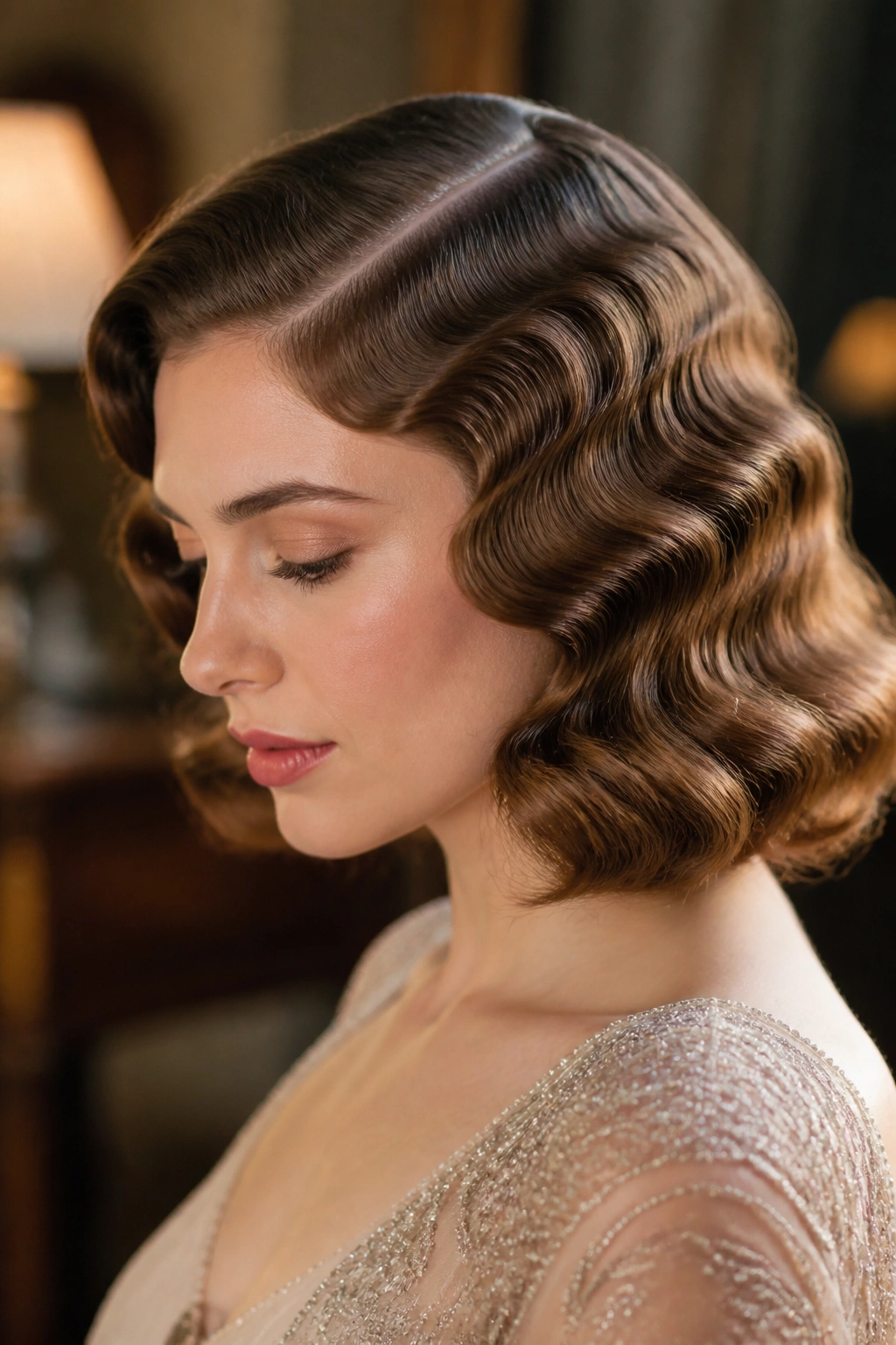 Close-up of a person with vintage finger waves and a side part in warm interior lighting.
