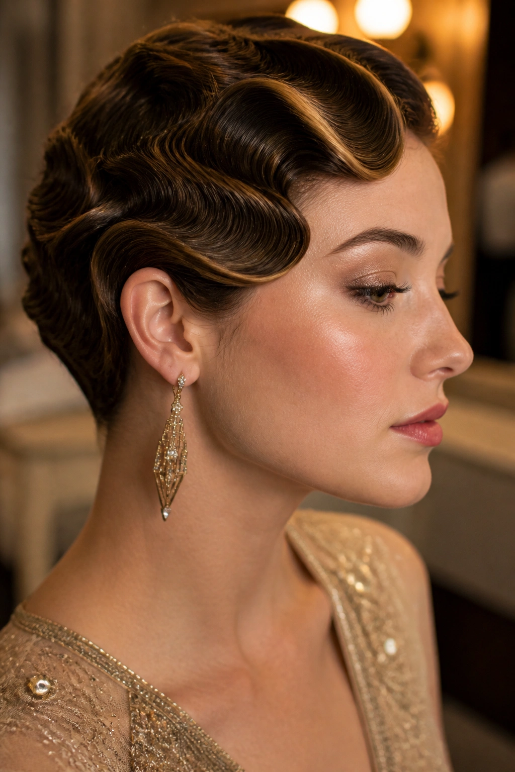Close-up of a woman with sculpted finger waves for a vintage prom dress