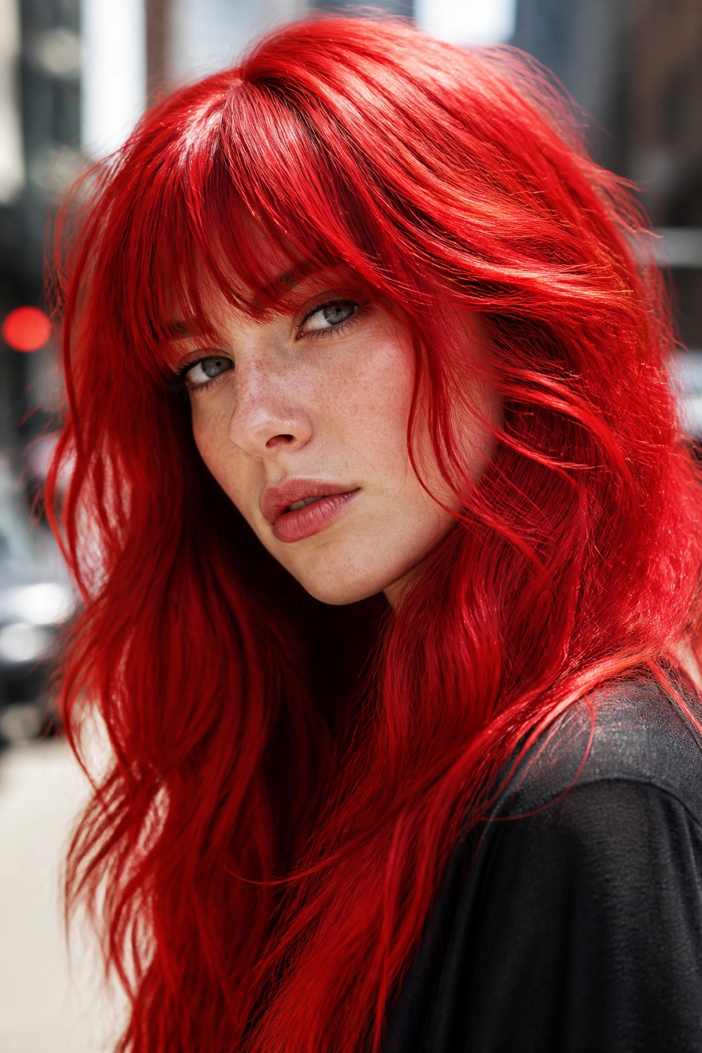Close-up portrait of a real person with fire engine red hair in an urban setting
