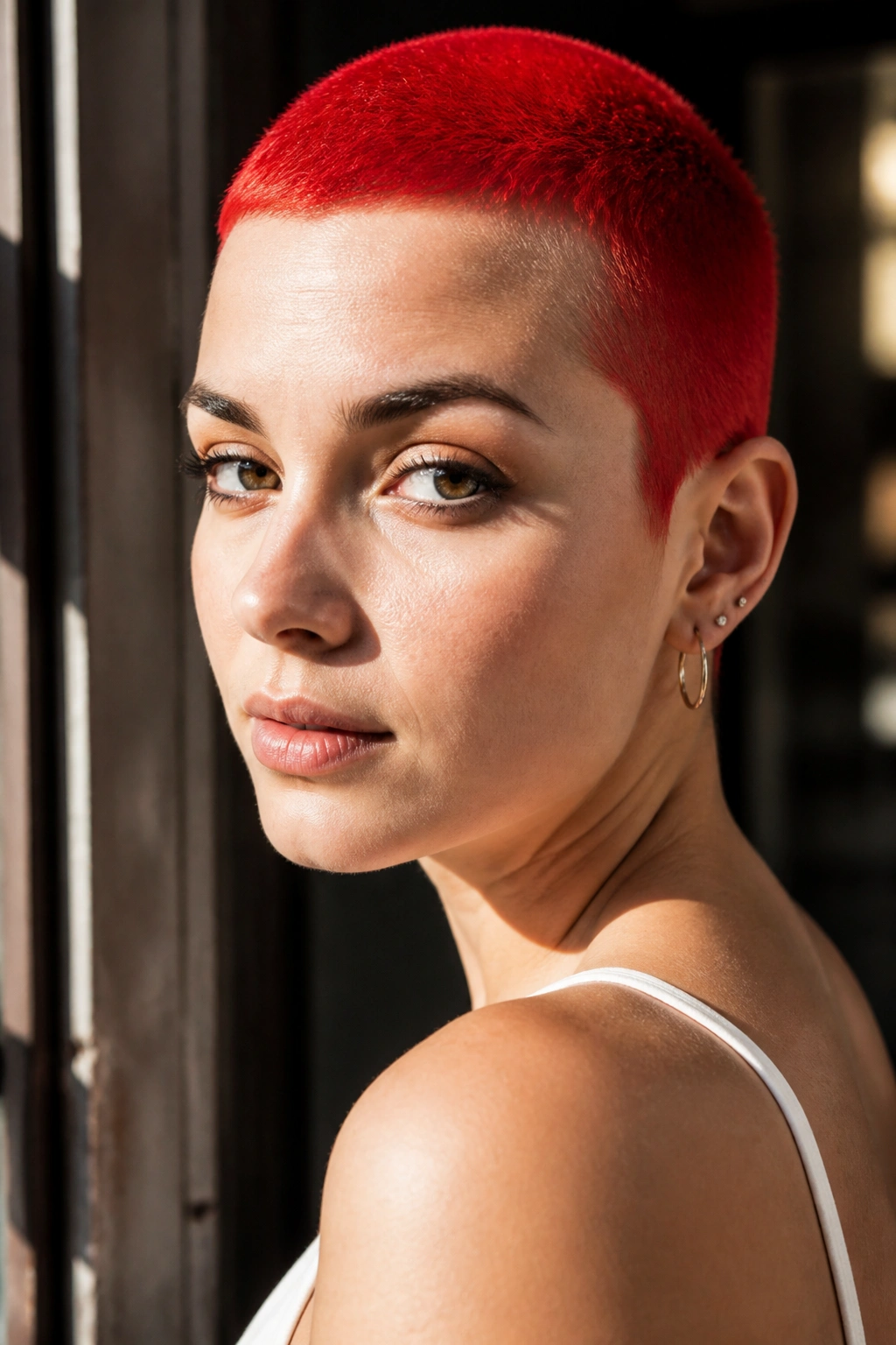 Close-up of a person with a fire red buzz cut, bold color and clean lines