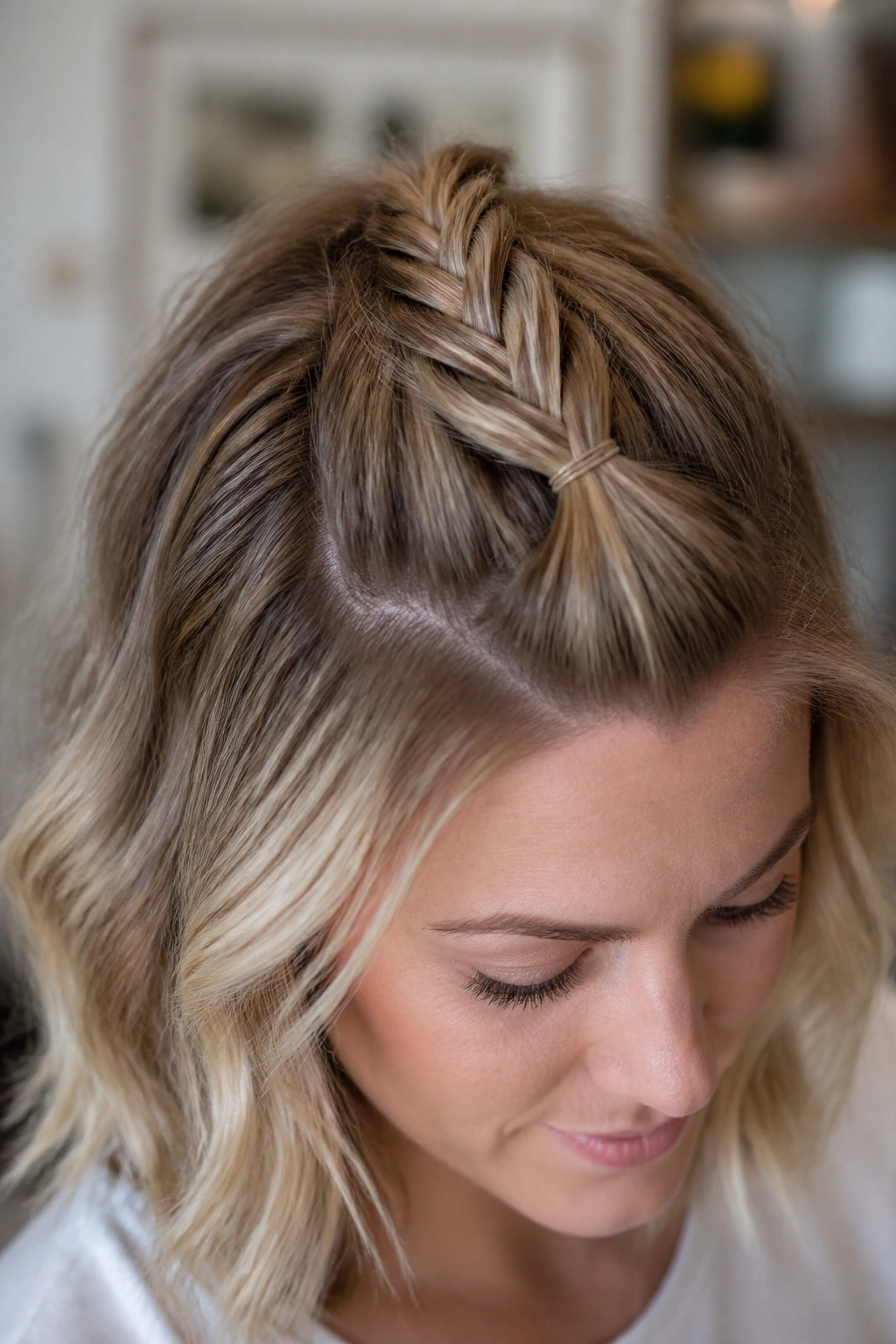 Close-up of a real woman's head with a short fishtail braid accent at the crown