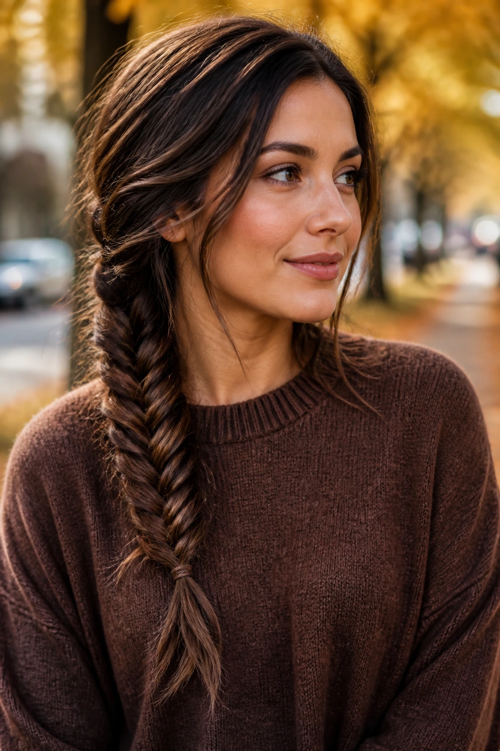 Close-up of Fishtail Braid with a Loose Edge on a real woman over one shoulder, autumn light