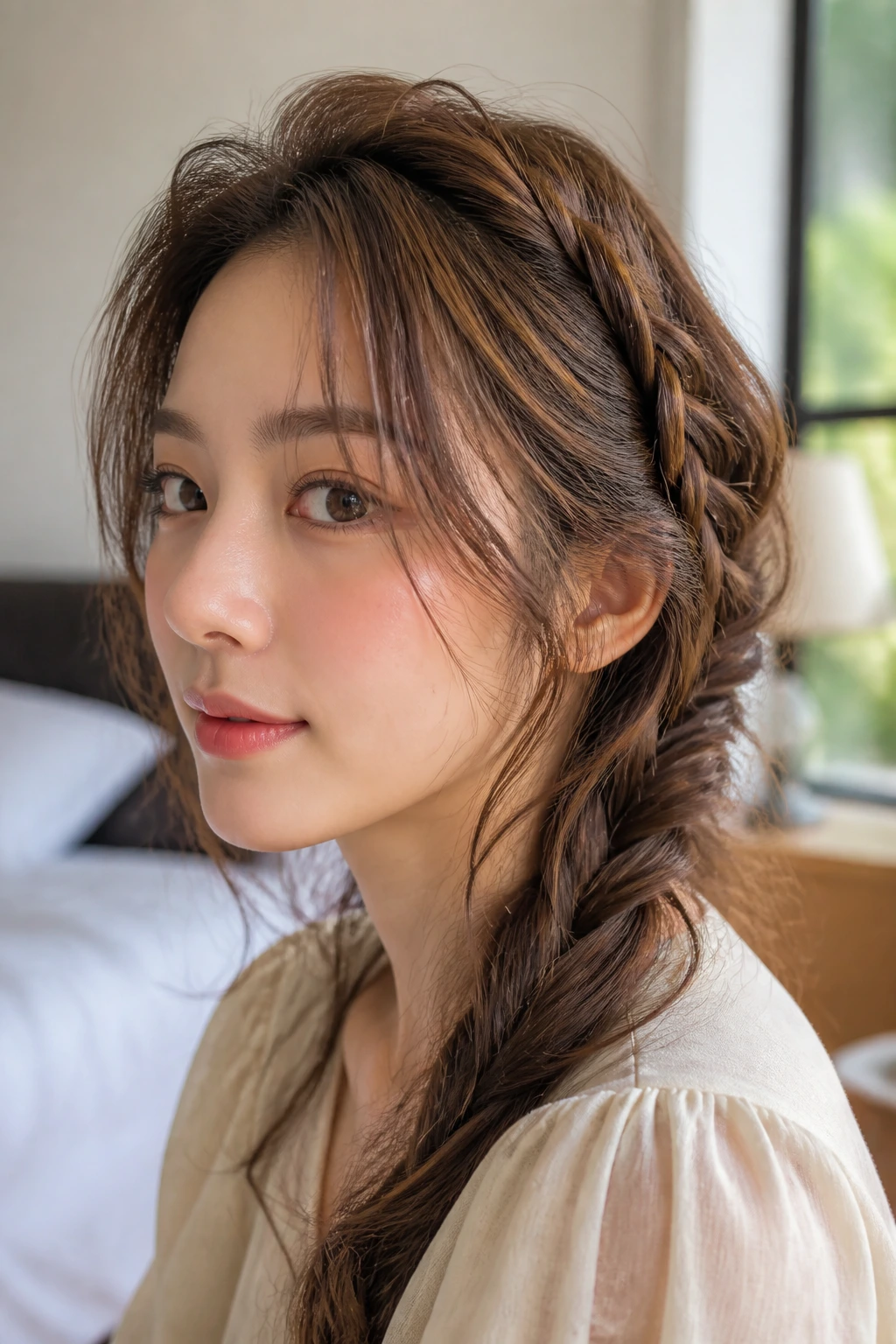 Close-up portrait of a real woman with an airy-textured fishtail braid