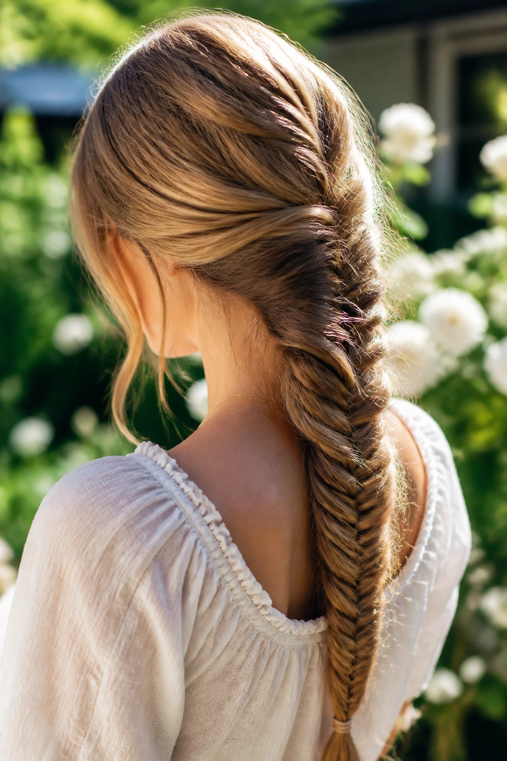 Back view of a real woman with a fishtail braid down the back