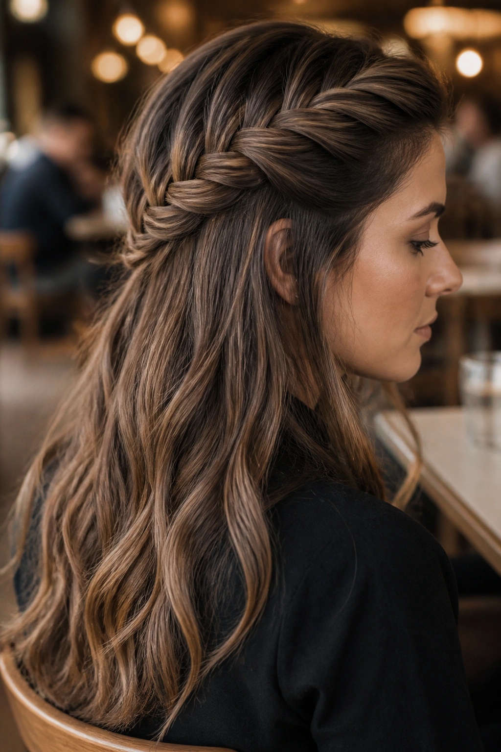 Close-up portrait of a real woman with a fishtail pullback and soft-ended hair.