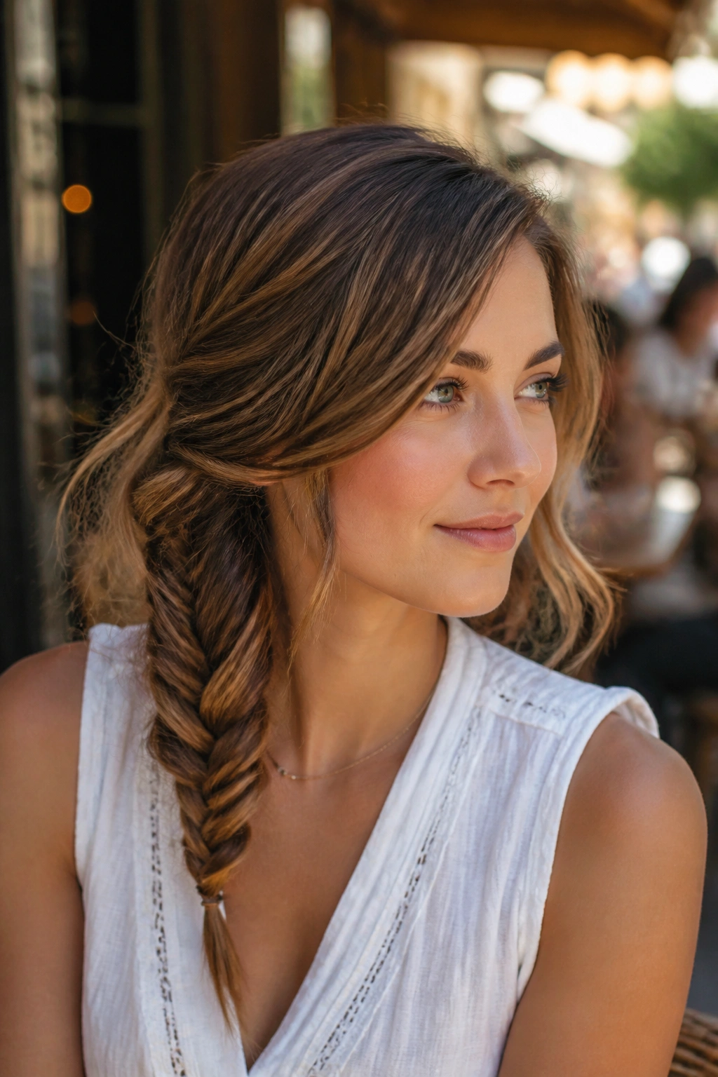 Close-up of a real woman with a fishtail braid swept to the side on a bob.