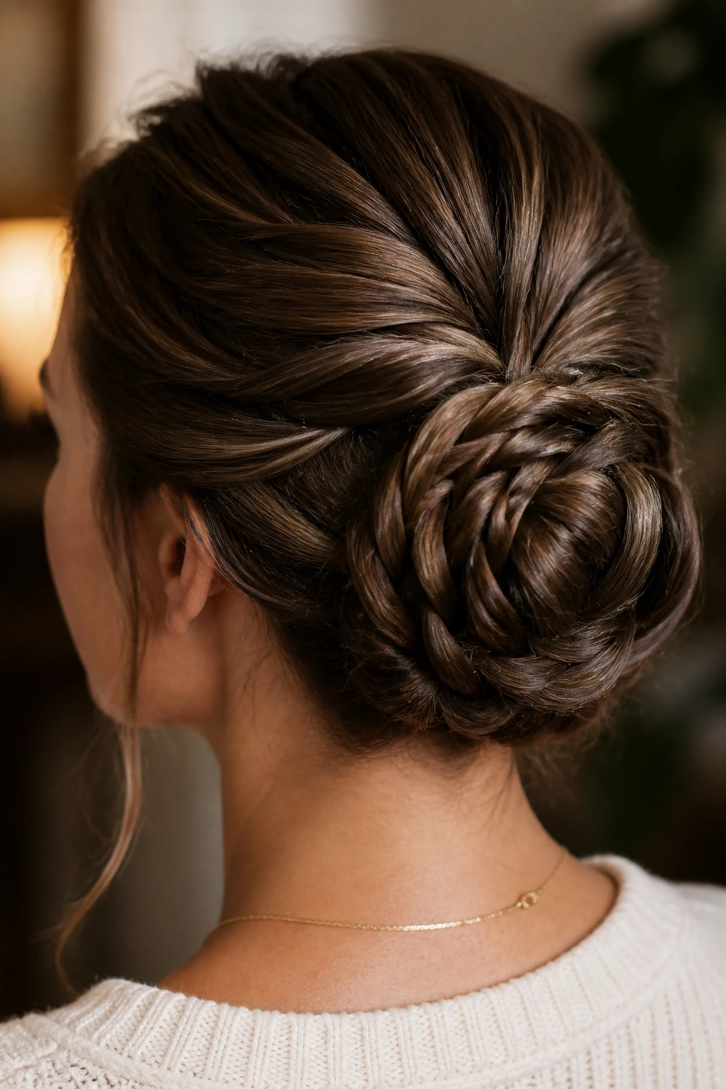 Close-up of a real woman with a fishtail braid bun wrapped flat against the head