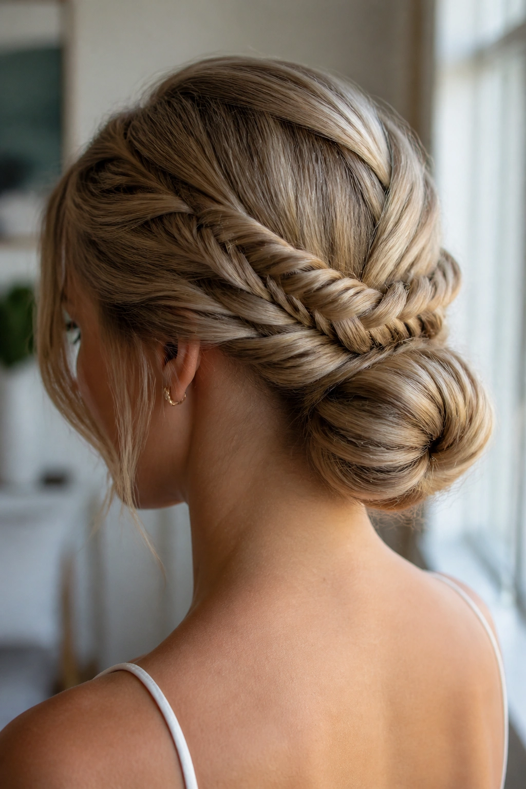 Close-up of a real woman with a fishtail braid bun at the nape of the neck