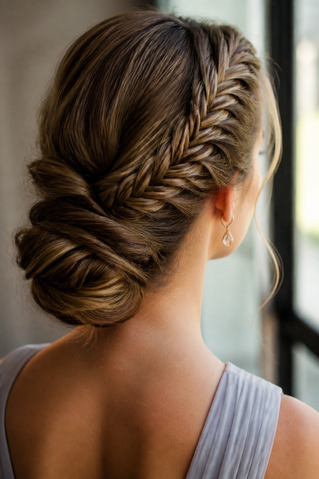 Real woman with fishtail braided chignon in a low bun.