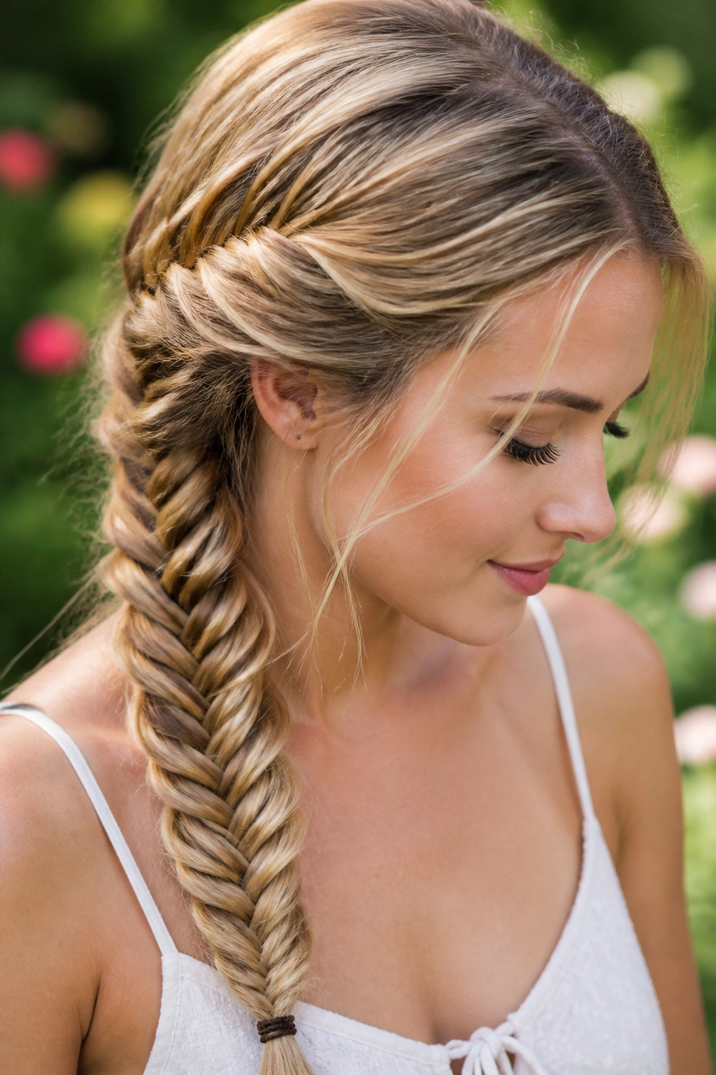 Close-up portrait of a real person with a fishtail braid