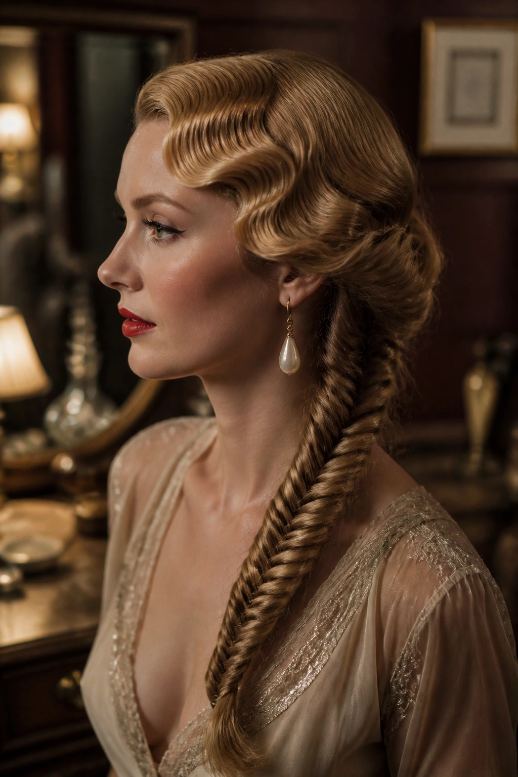 Side profile with fishtail braid and finger waves at the front on a real woman