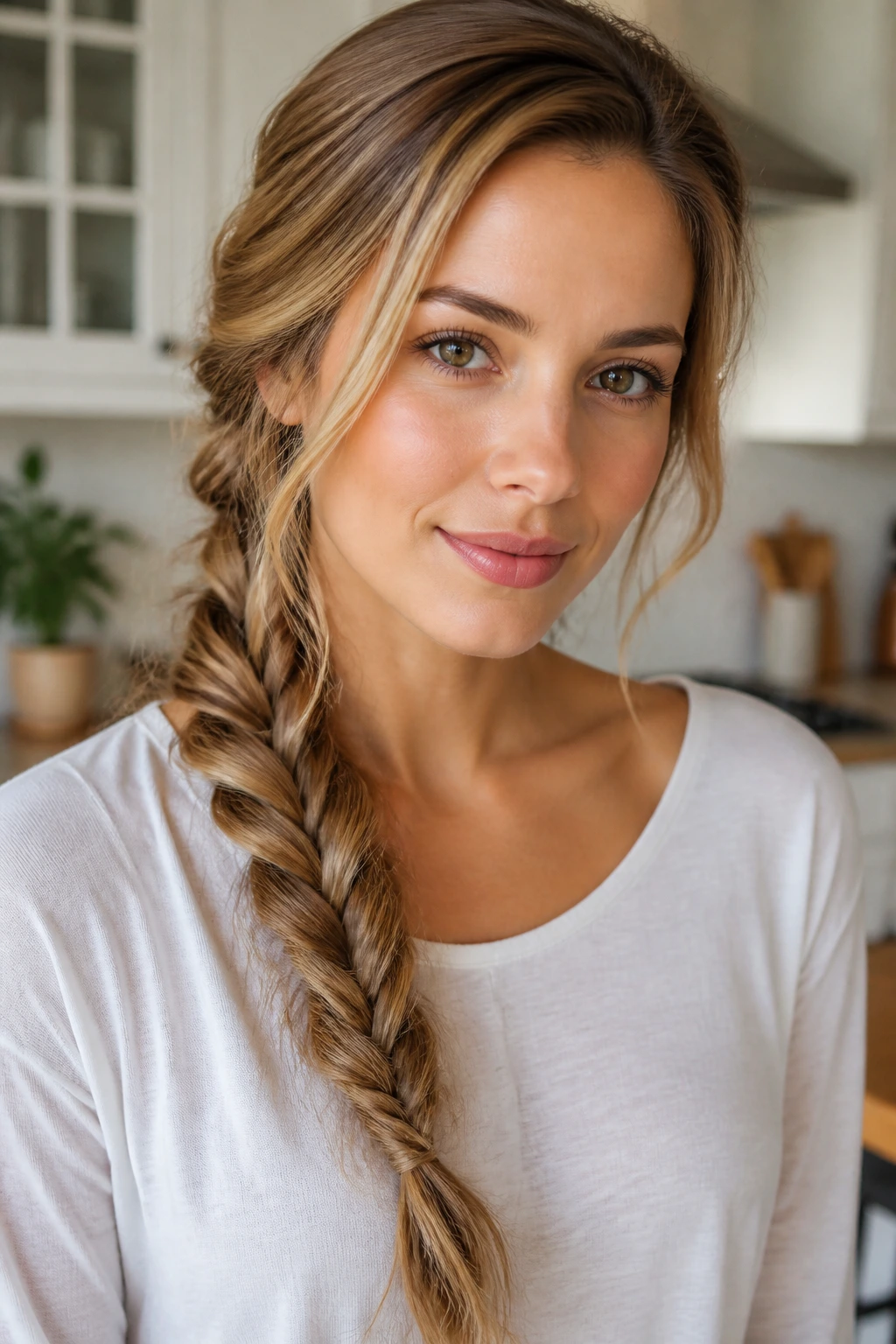 Close-up of a woman with a loose fishtail braid over the shoulder