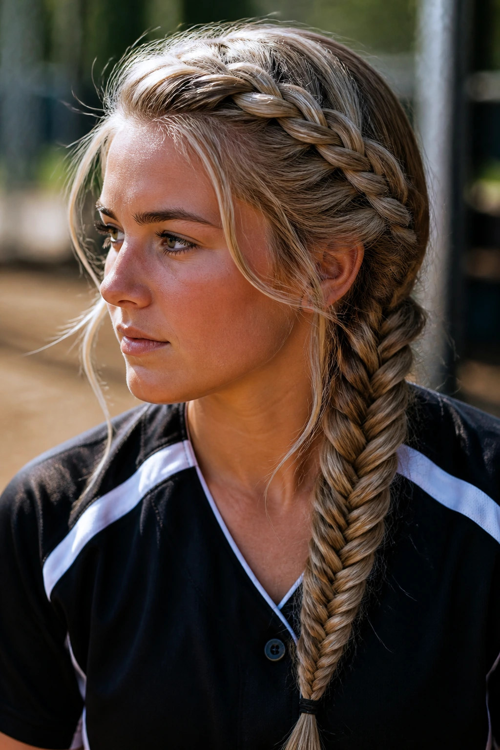 Close-up of player with fishtail side braid
