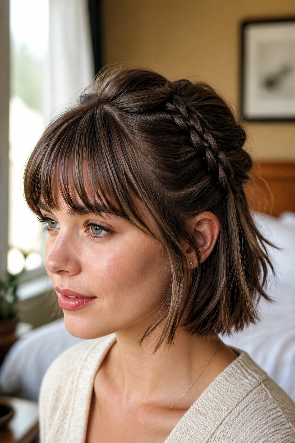 Close-up of a real woman's head with a tiny fishtail accent braid in a half-up hairstyle with bangs.