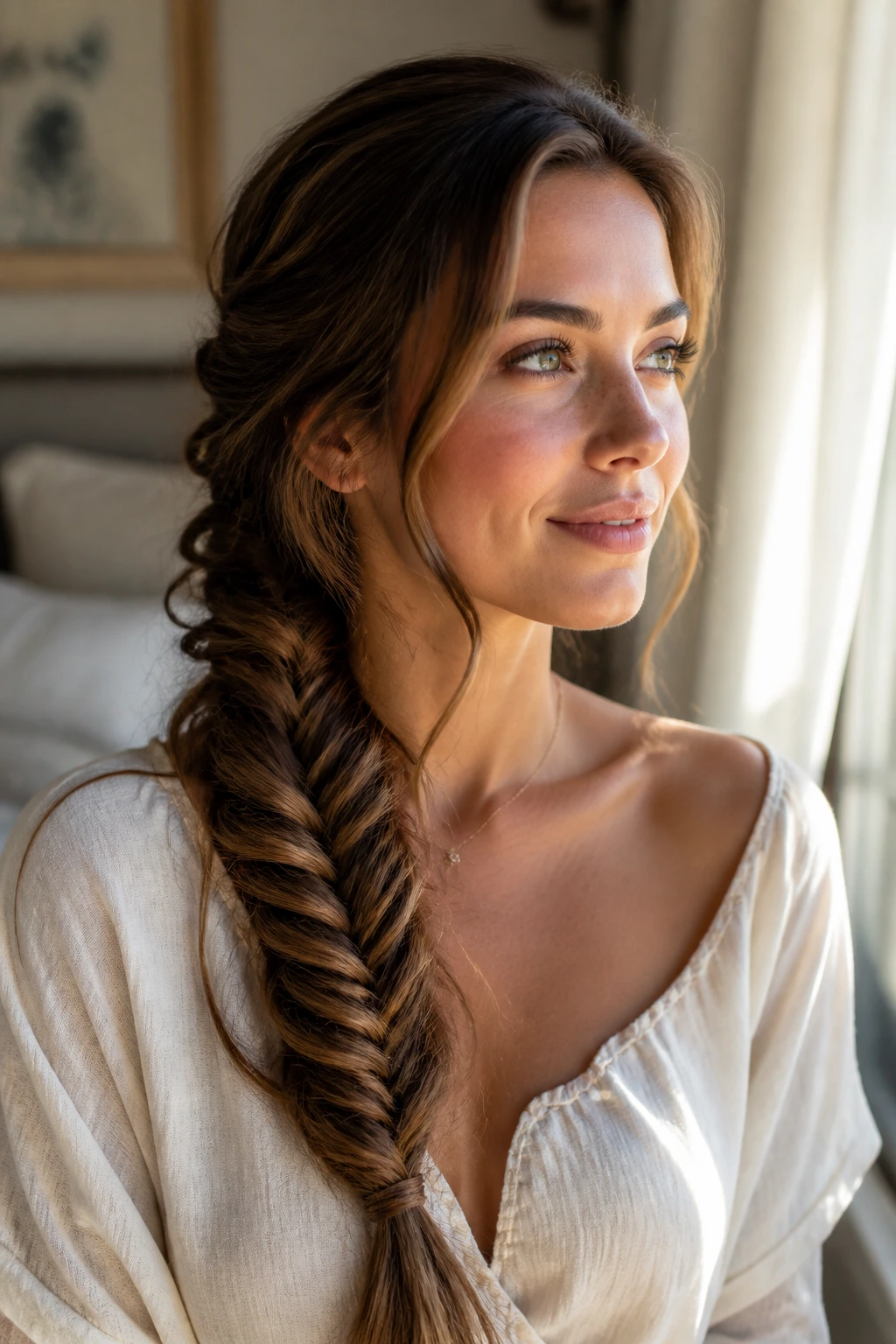 Close-up portrait of a real woman wearing a soft romantic fishtail braid with hidden pins over her shoulder