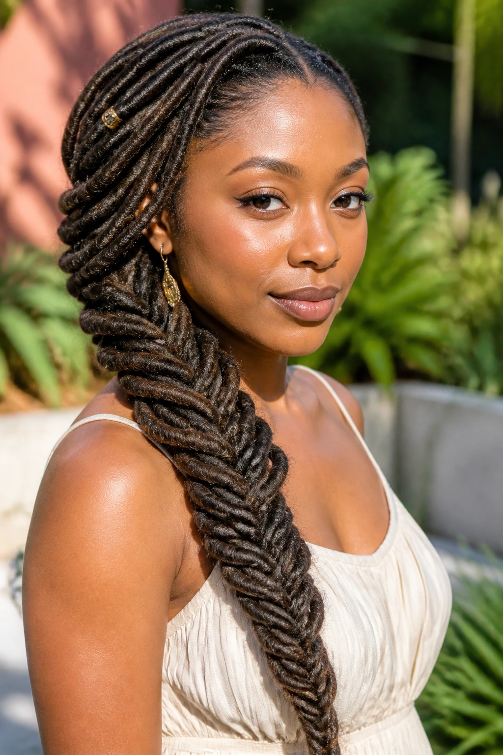 Woman with thick locs styled into a fishtail braid on one shoulder