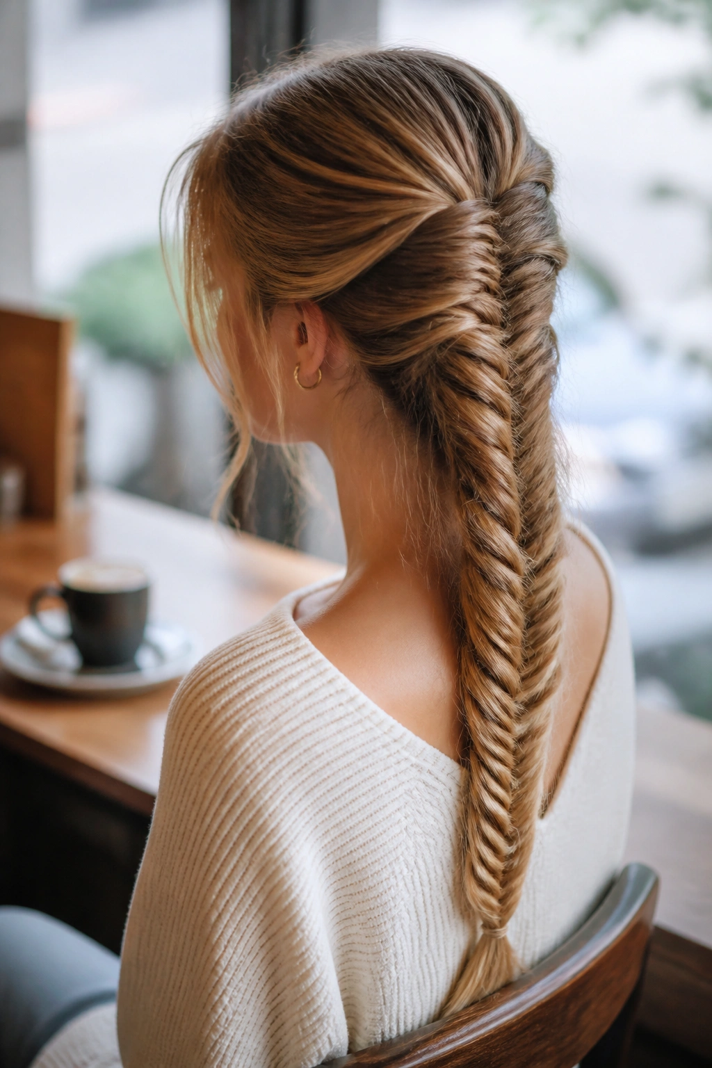 Close-up of a real woman with a long fishtail braid down the back of her head