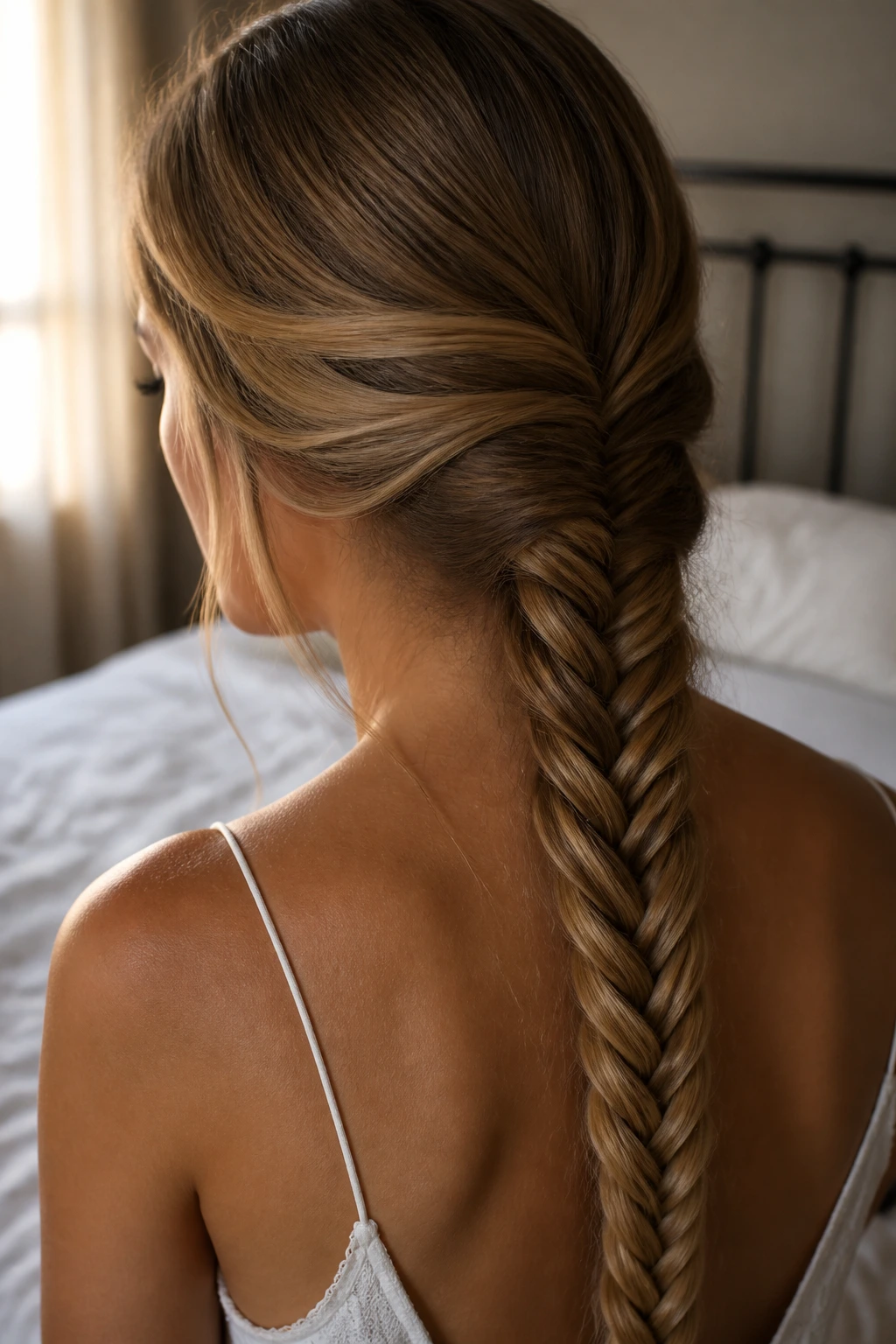 Close-up of a real woman with a fishtail braid on long hair in a softly lit bedroom
