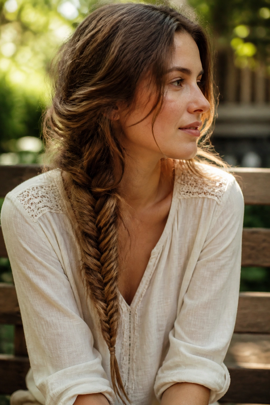 Close-up of a real woman with a loose, messy fishtail braid
