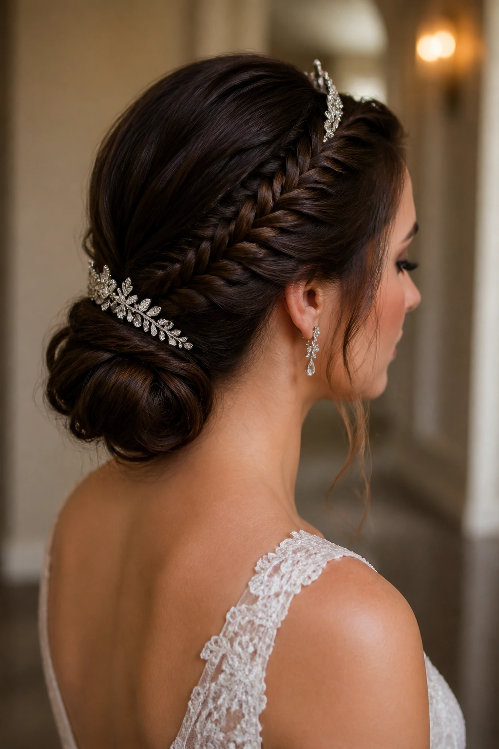 Bride with fishtail braid transitioning into low bun and tiara
