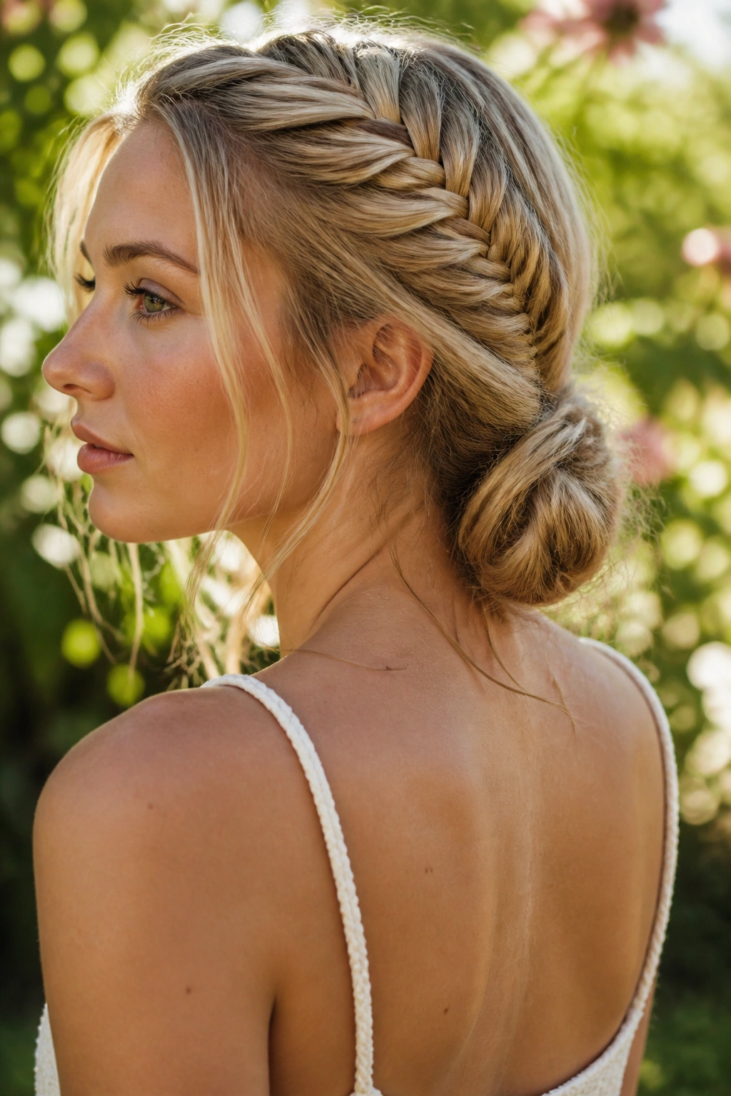 Real woman with fishtail braid transitioning into a low knot at nape in garden light