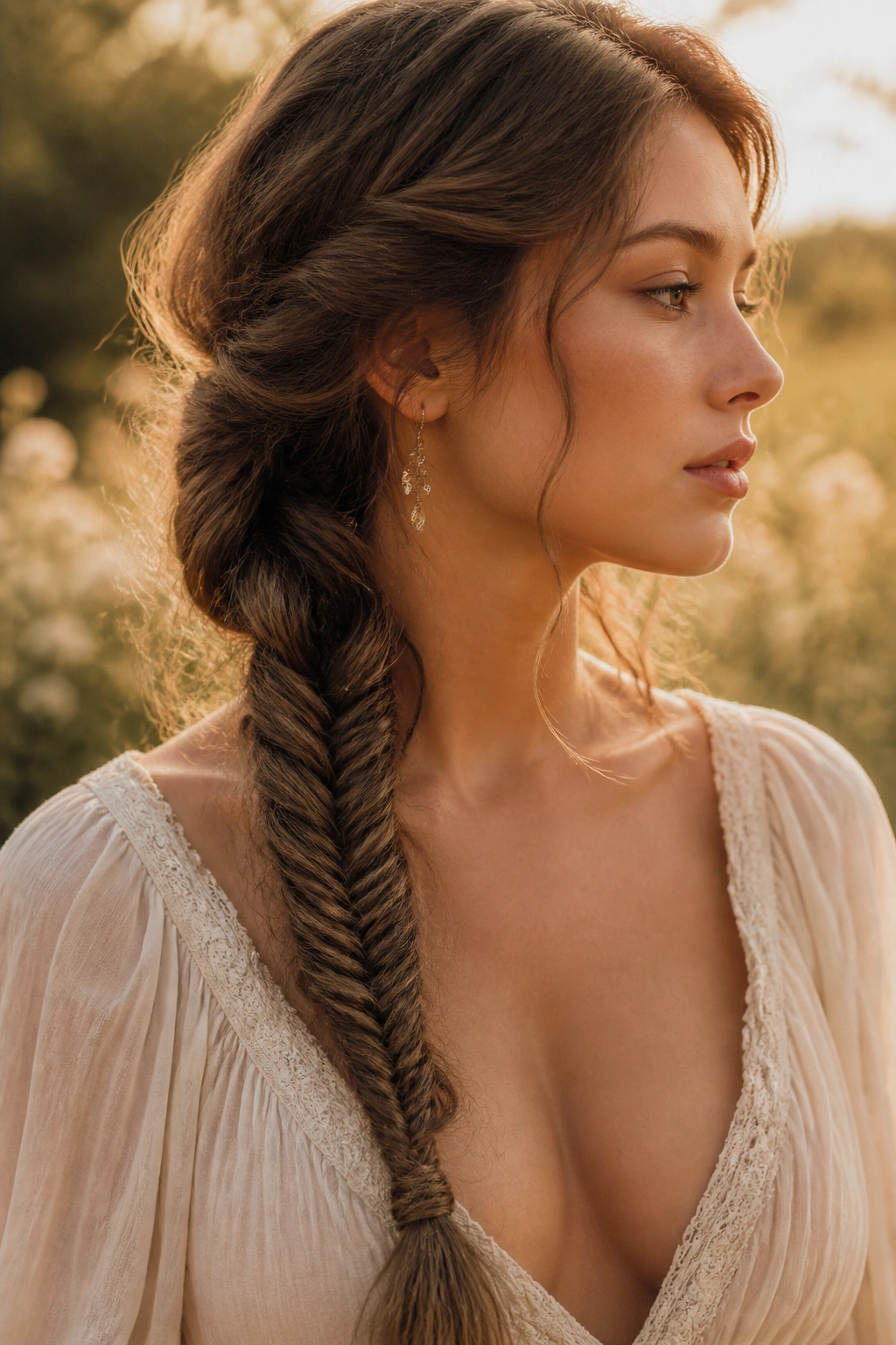 Close-up of a real woman with a low side fishtail braid over one shoulder