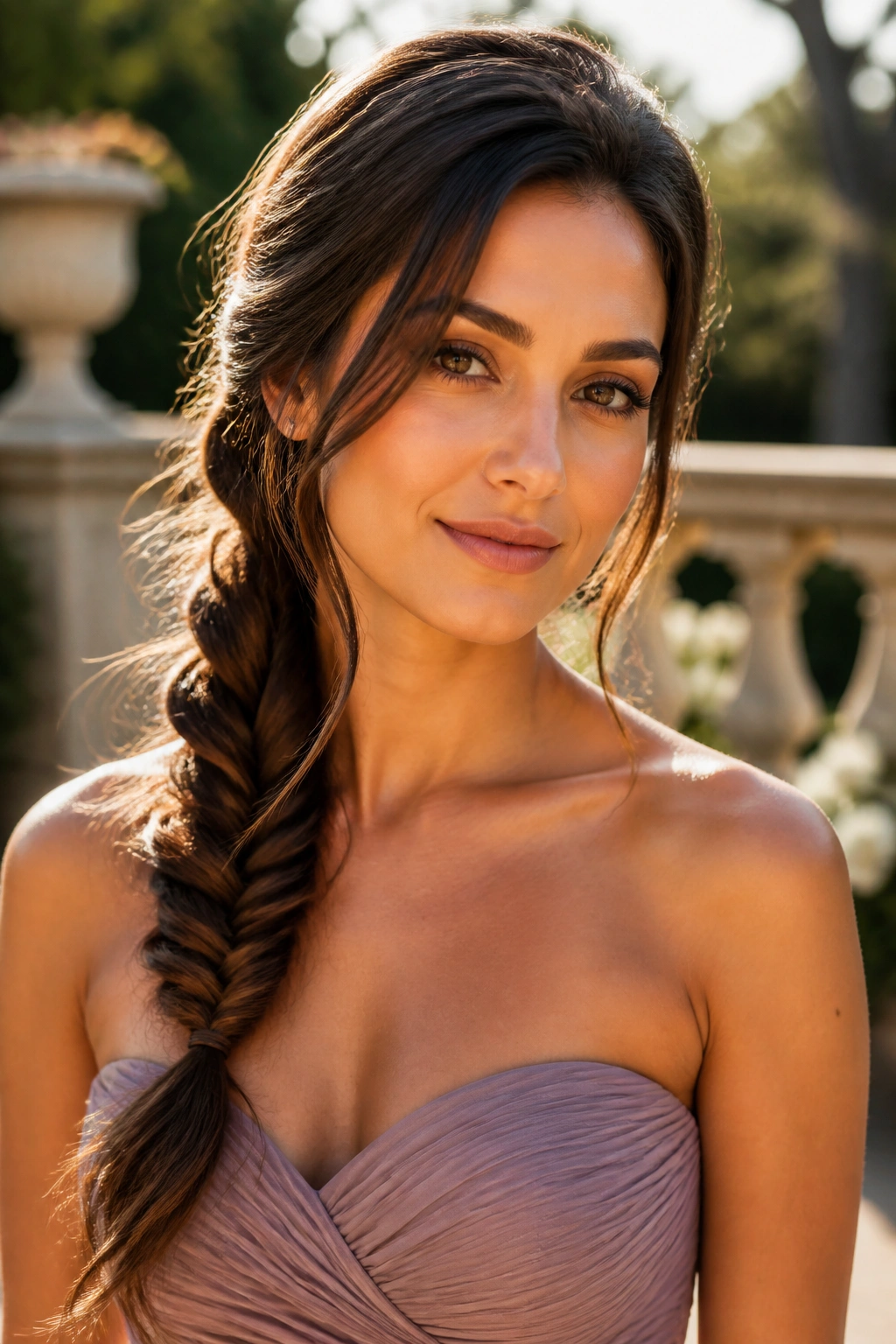 Close-up of a real woman wearing a fishtail braid over one shoulder