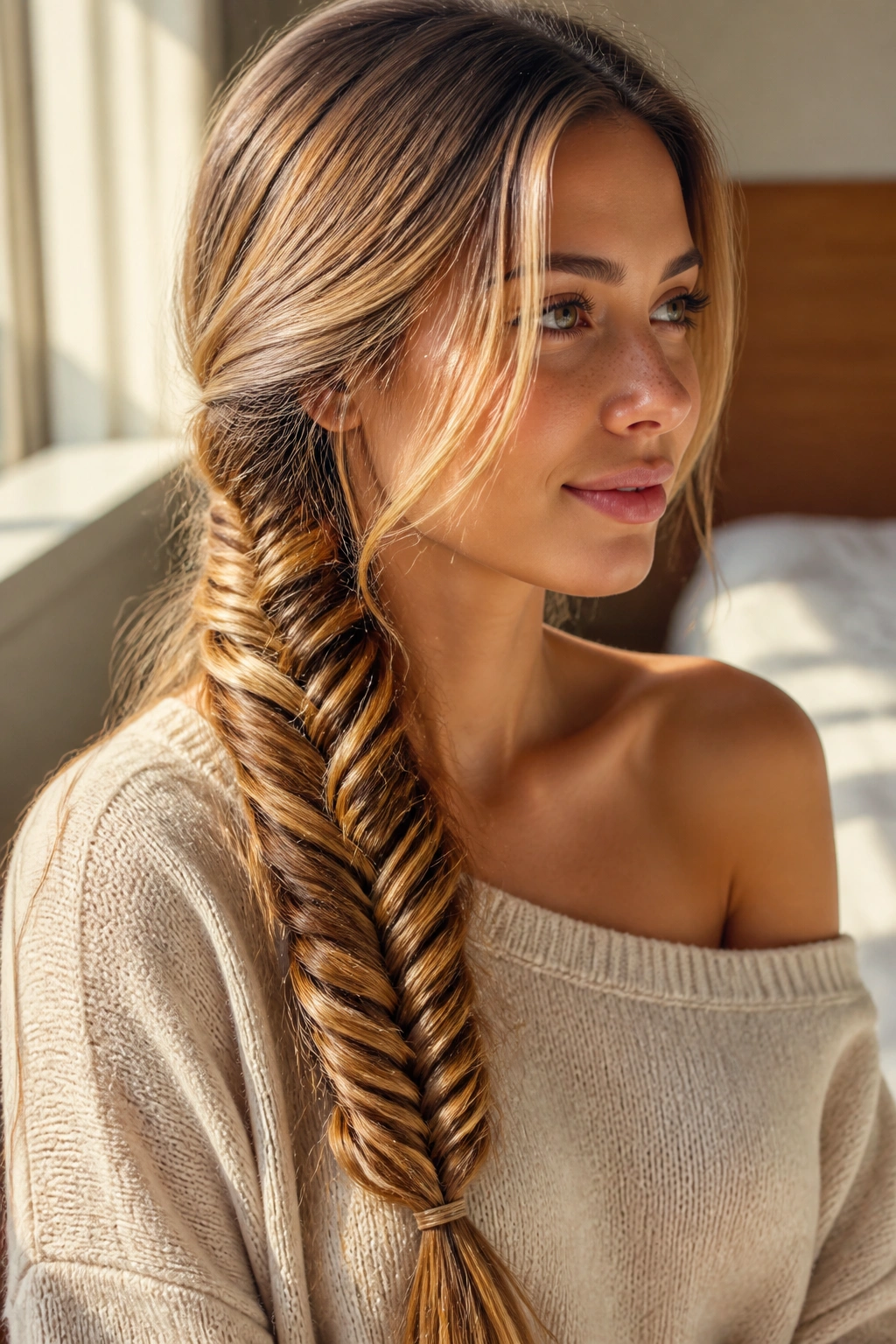Close-up of a real woman with a fishtail braid over one shoulder