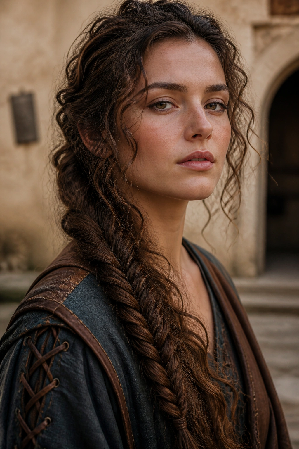 Real person with fishtail braid over shoulder and curls framing the face.