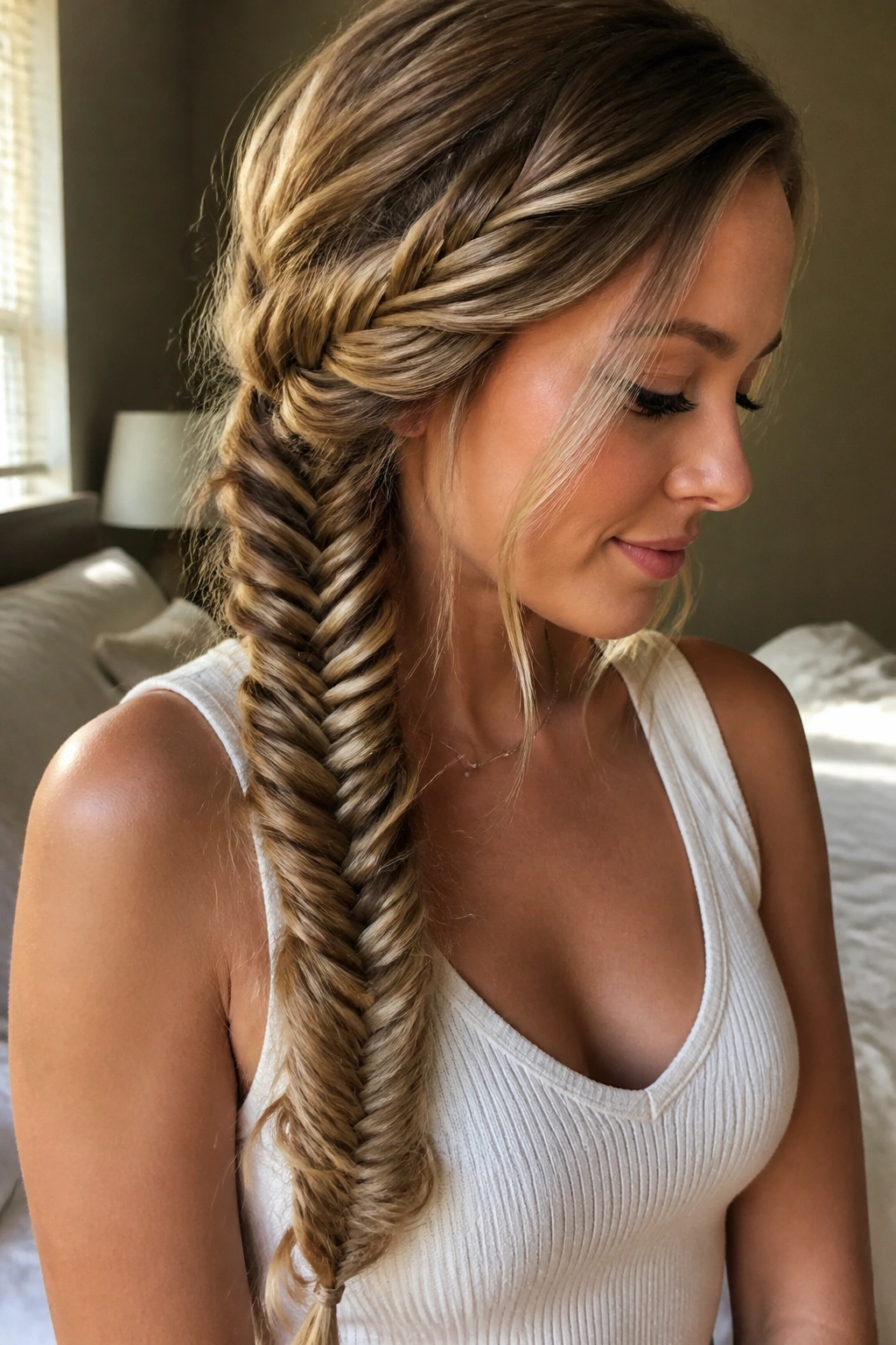 Close-up of a real woman's fishtail braid with a pancake finish under soft daylight