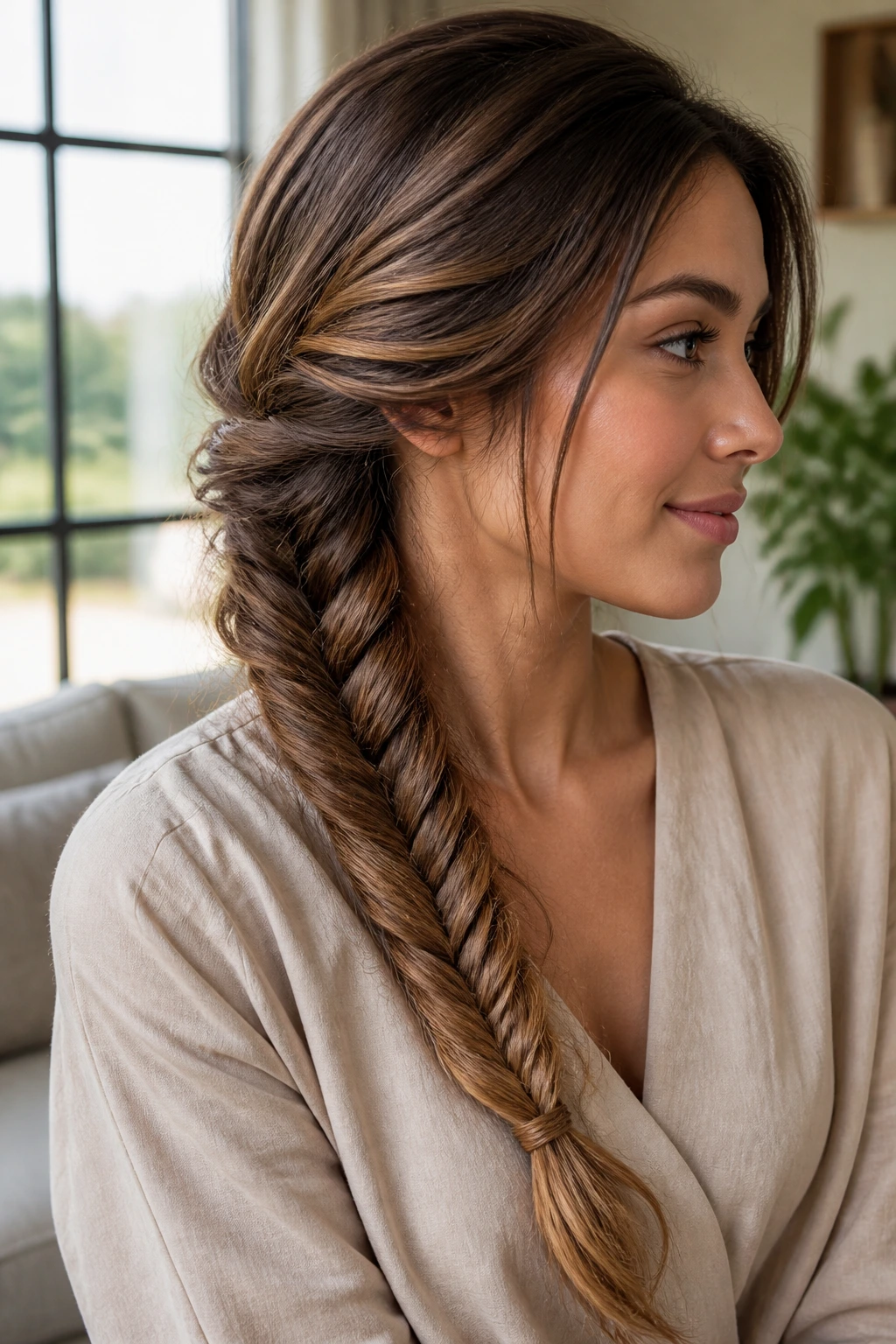 Close-up of real woman's fishtail braid over the shoulder in soft natural light.