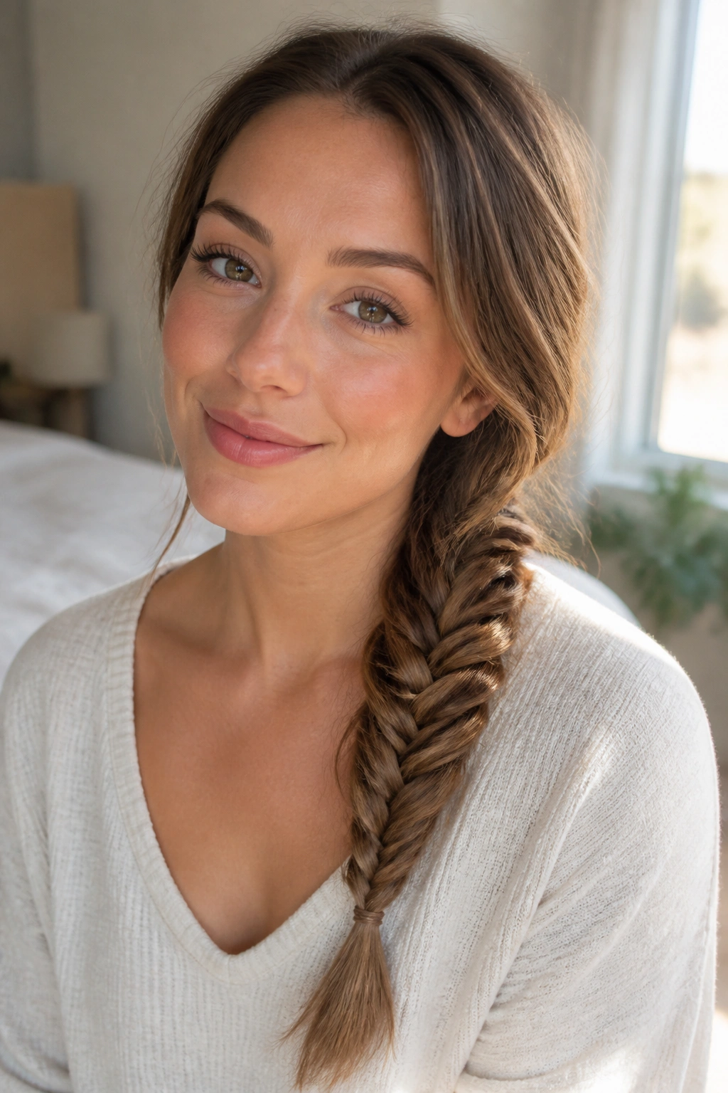 Close-up of a real woman wearing an everyday fishtail braid in warm window light