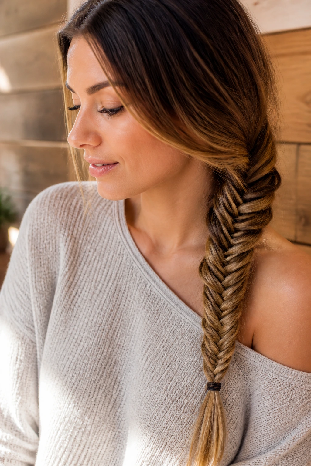 Close-up of a real woman with a fishtail braid